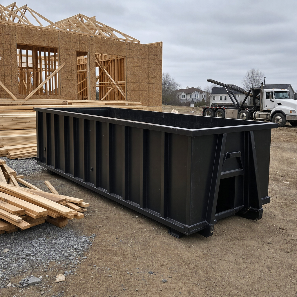Matte-black 40-yard roll-off dumpster staged on a framed-out residential construction site in Scottsdale, framing lumber stacked nearby, hooklift delivery truck visible in the background under bright Colorado daylight