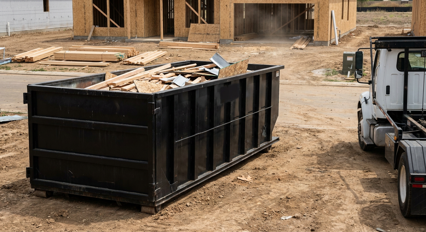 Matte-black 20-yard roll-off construction dumpster with heavy ribbed steel sidewalls and swing rear doors at a working jobsite in Scottsdale, sitting directly on compacted dirt with an unmarked white hauler partially visible at the far edge of the frame.
