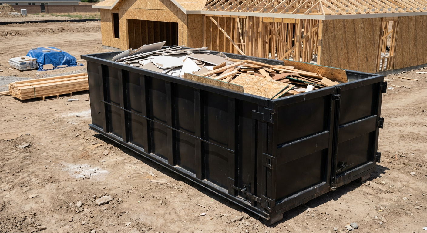 Matte-black 30-yard roll-off construction dumpster sitting directly on the compacted-dirt site of a framed single-family home build in Scottsdale, drywall and lumber scrap loaded inside.