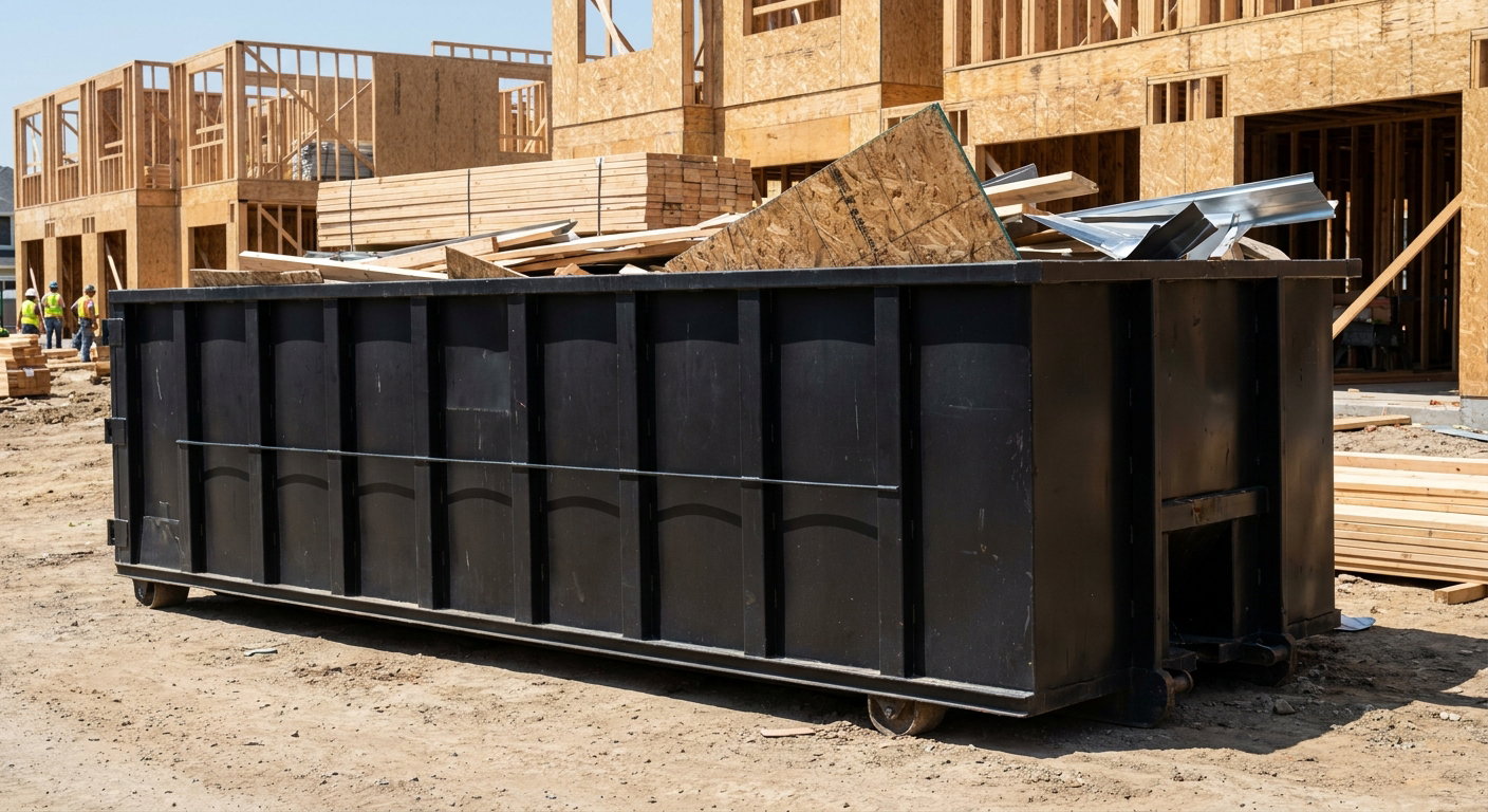 Matte-black 40-yard roll-off construction dumpster being lowered from a white-cab hooklift delivery truck onto the compacted-dirt jobsite at a commercial build site in Scottsdale