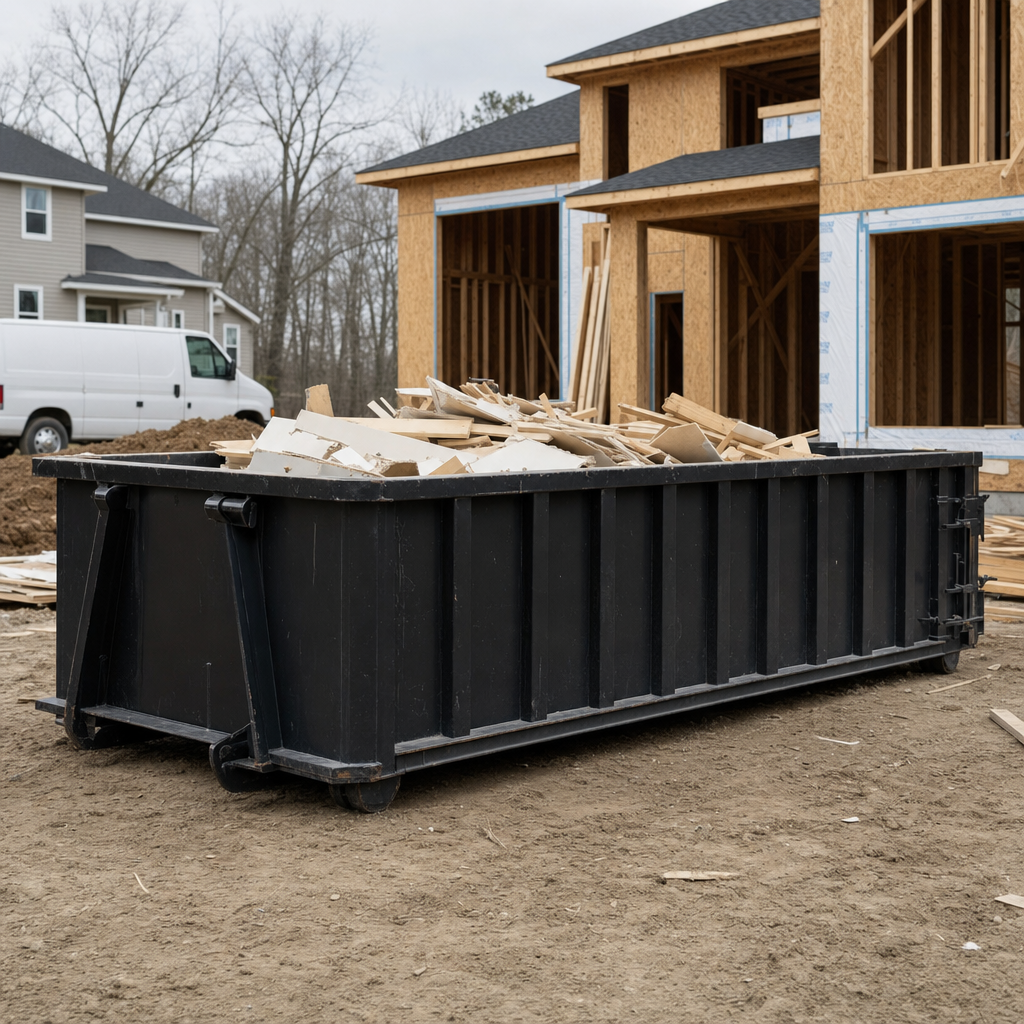 Worker in a yellow high-visibility vest tossing framing lumber and broken drywall into a matte-black 30-yard construction roll-off dumpster on an active build site in Scottsdale, bright daylight
