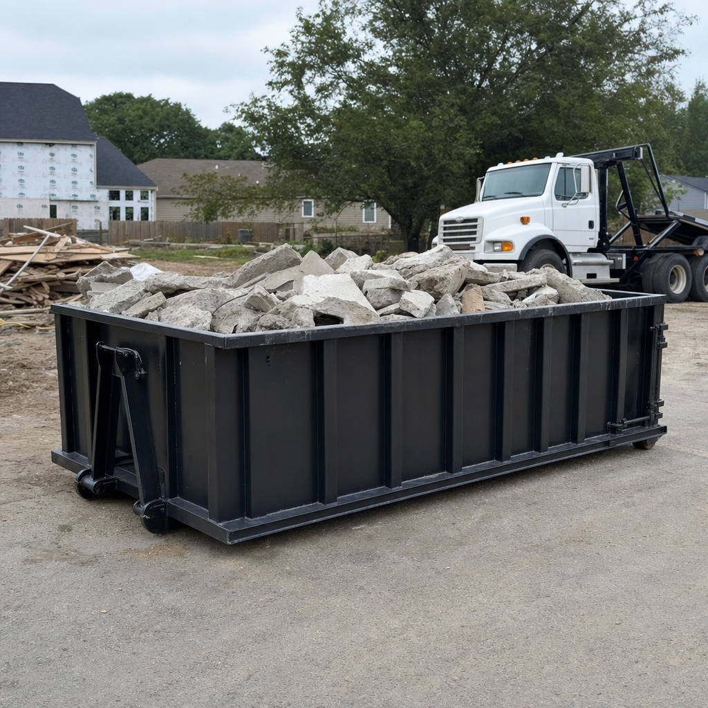 Low-profile matte-black lowboy roll-off dumpster loaded with broken concrete slab and rebar at a foundation tear-out in Scottsdale, skid steer parked beside it, sunny Colorado morning