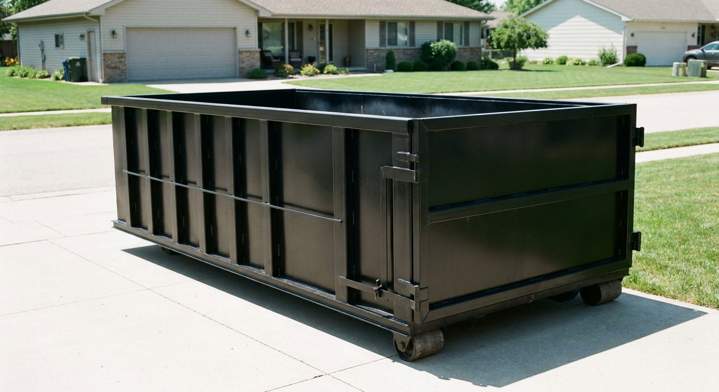 Matte-black 10-yard roll-off dumpster on a residential concrete driveway in Scottsdale, uniformly painted matte black across every panel and rail, ribbed steel sidewalls and rear swing door visible, mid-day daylight.