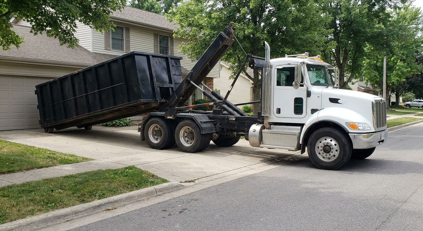 White-cab hooklift roll-off truck actively lowering a matte-black dumpster onto a Scottsdale residential concrete driveway, the dumpster's rear wheels touching the driveway as the hoist arm tilts the bed forward, mid-morning daylight.