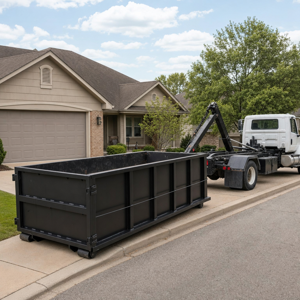 Wide documentary shot of a matte-black roll-off dumpster on a Scottsdale residential driveway in the foreground and a contractor jobsite container in the soft-focus background, bright daylight, calm and orderly composition.