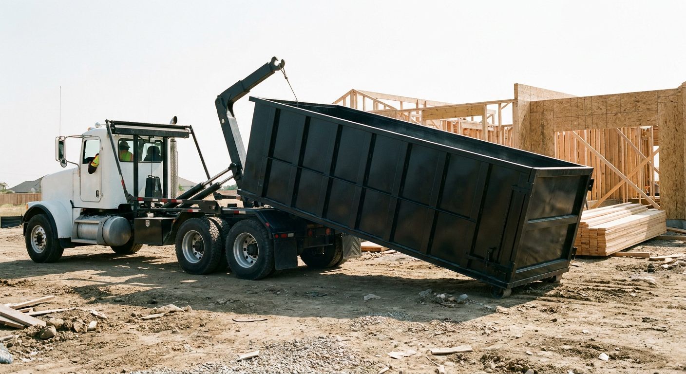 Matte-black roll-off dumpster being delivered onto a clean residential concrete driveway in Scottsdale by an unmarked white hooklift hauler truck, bright morning daylight, documentary 35mm perspective.