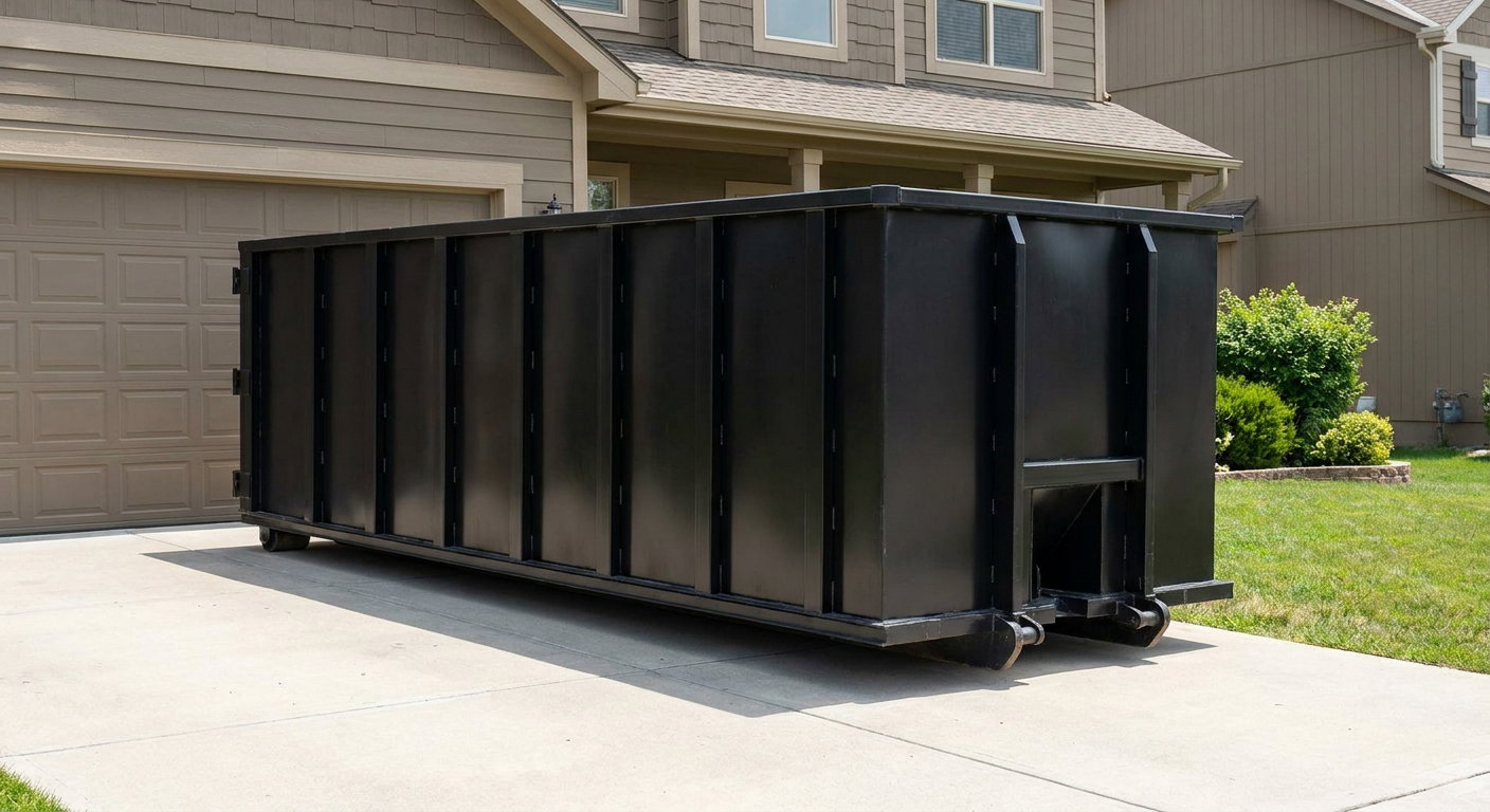 Matte-black residential roll-off dumpster sitting directly on a suburban Scottsdale concrete driveway, garage door closed, single-family home in background, bright morning daylight.