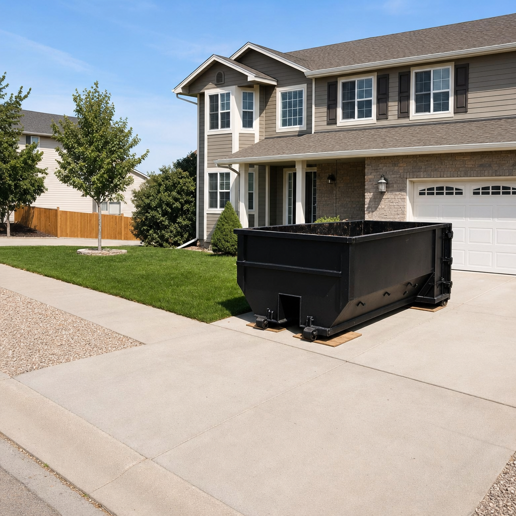10-yard matte-black residential dumpster placed directly on a narrow Scottsdale concrete driveway, room remains for a parked sedan beside it, mid-morning natural light