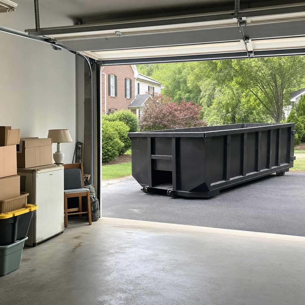 Open garage interior in a Scottsdale home mid-cleanout — boxed items, an old appliance, and stacked yard tools queued near the driveway for a matte-black roll-off dumpster, organized and calm