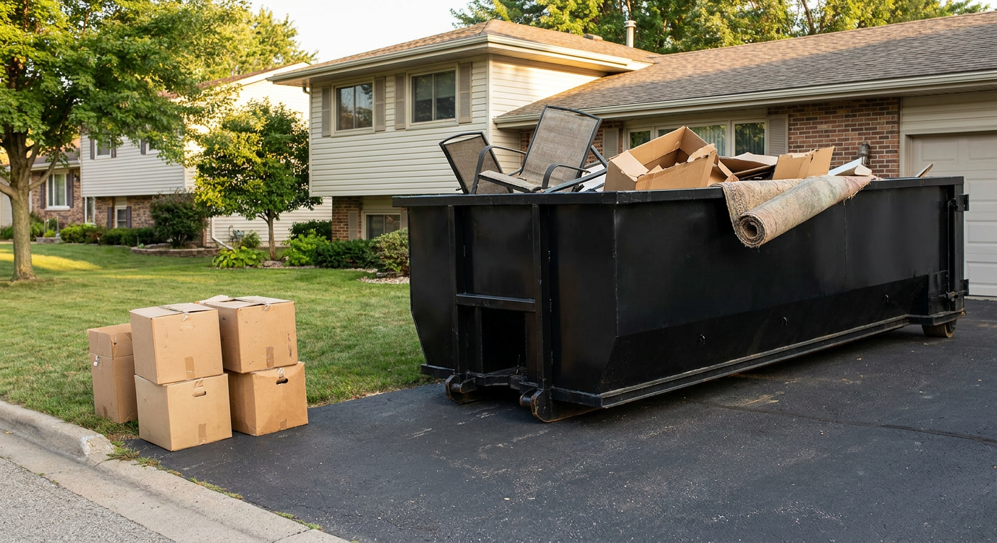 Front-yard view of a Scottsdale split-level home with a 20-yard matte-black roll-off dumpster sitting directly on the asphalt driveway, a few clearly labeled donation boxes staged at the curb, calm sunny afternoon.