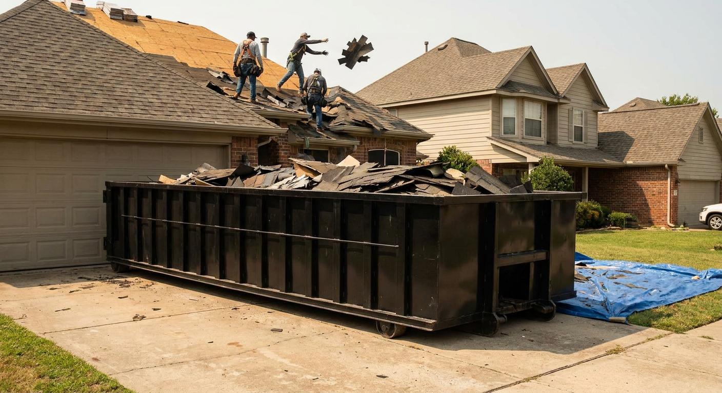 Matte-black roofing roll-off dumpster placed directly on a Scottsdale residential concrete driveway, a tear-off crew on a two-story asphalt-shingle roof tossing shingle bundles into the low-walled container, bright daylight, documentary 35mm perspective.