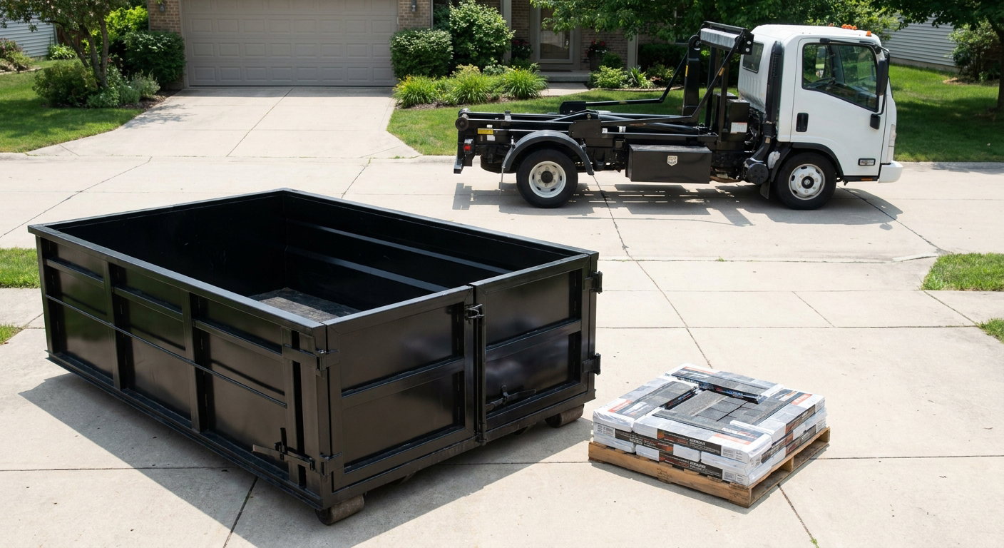 Matte-black 15-yard roofing roll-off dumpster with reinforced low side walls sitting directly on a Scottsdale residential concrete driveway, three-tab asphalt shingle bundles stacked nearby, an unmarked white hauler truck partially visible at the edge of the frame.