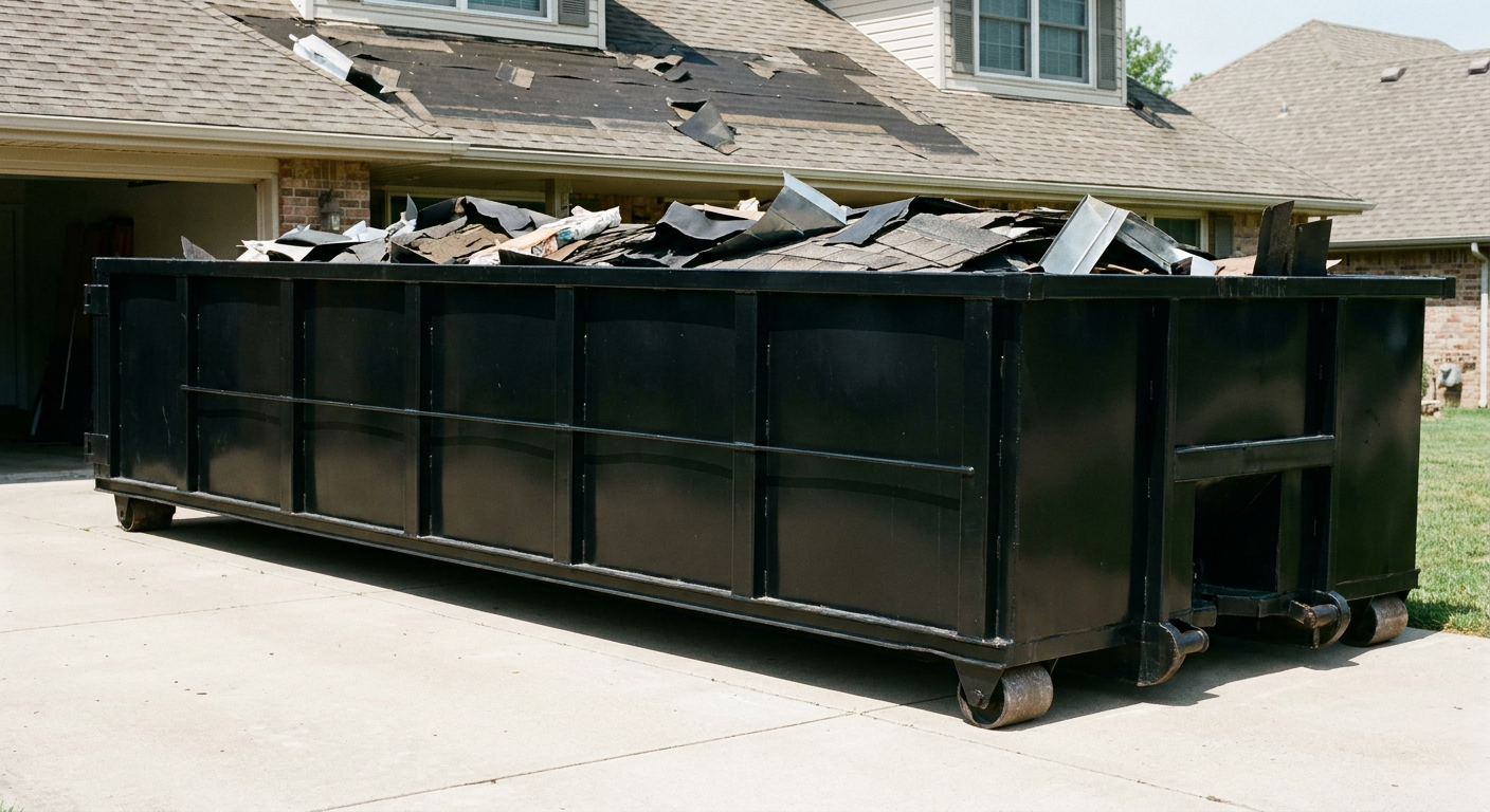 Matte-black 20-yard roofing roll-off dumpster with steel ribbed sides and swinging rear door, sitting directly on the concrete driveway of a two-story Scottsdale home, asphalt shingle debris being loaded over the low wall, clean documentary lighting.