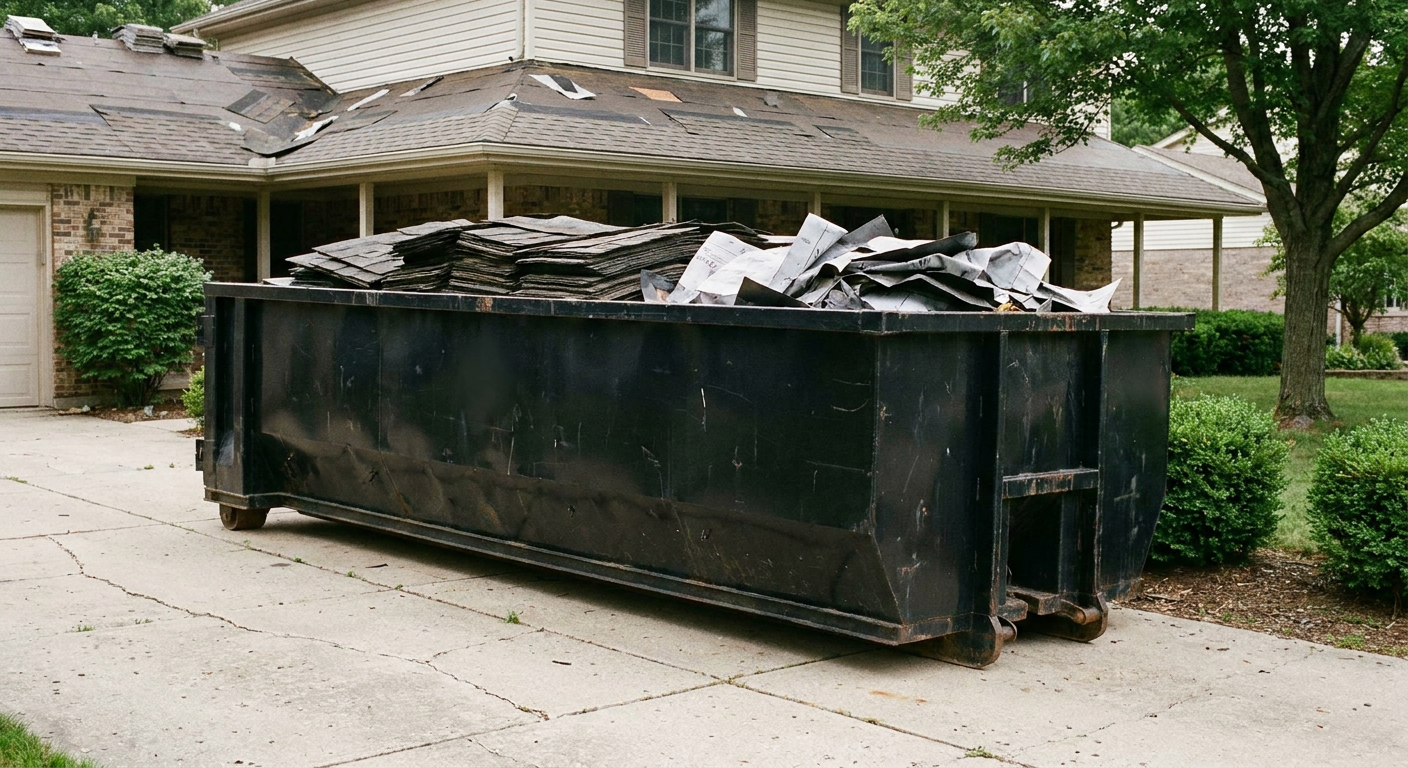 Matte-black 30-yard roofing roll-off dumpster sitting directly on a Scottsdale concrete driveway, taller ribbed steel side panels, mixed tear-off debris of asphalt shingles and underlayment inside, professional documentary daylight.