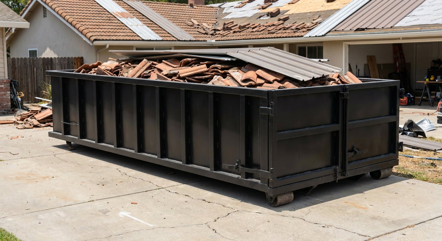 Matte-black low-wall heavy-debris roofing roll-off dumpster sitting directly on a Scottsdale concrete driveway, broken concrete clay roof tiles and metal panel sections loaded inside, reinforced ribbed steel side walls visible, bright outdoor daylight.