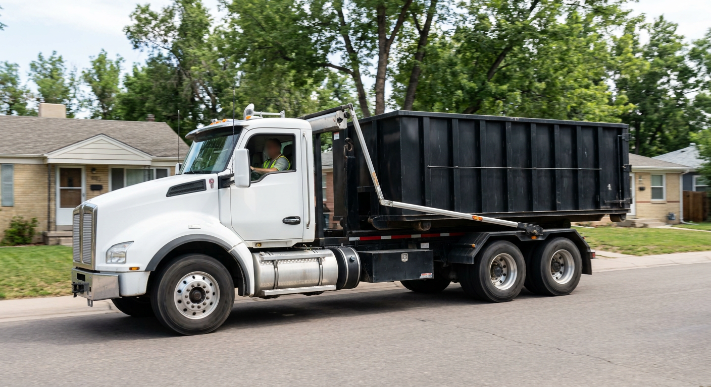 A wide documentary shot of a matte-black roll-off delivery truck pulling onto a quiet Scottsdale residential street at mid-morning, with neighborhood rooftops and tree-lined blocks visible behind, showing the metro coverage footprint.