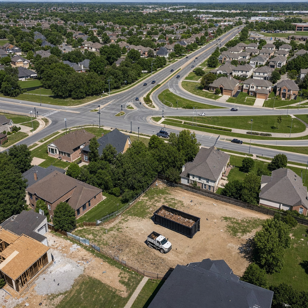 An overhead documentary view of the Scottsdale metro area at midday, showing the spread of neighborhoods, arterial roads, and the dispatch radius from a central yard — clean daylight, organized geographic layout.