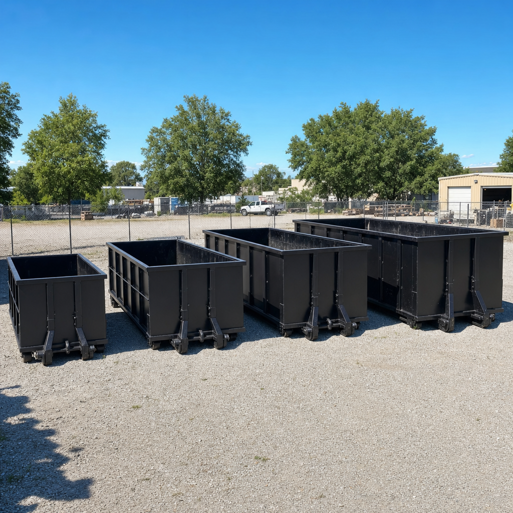 A clean lineup of matte-black roll-off dumpsters in 10, 20, 30, and 40-yard sizes staged on a sunlit gravel yard in Scottsdale, showing the size progression from compact to commercial-scale containers.