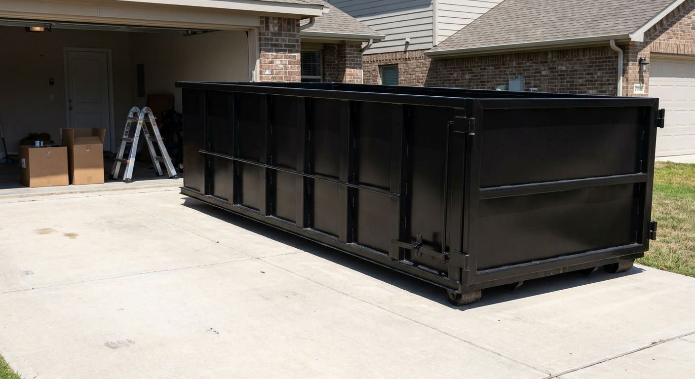 A matte-black 10-yard roll-off dumpster sitting directly on a residential Scottsdale concrete driveway, mid-day sunlight, clean and ready for a garage cleanout.