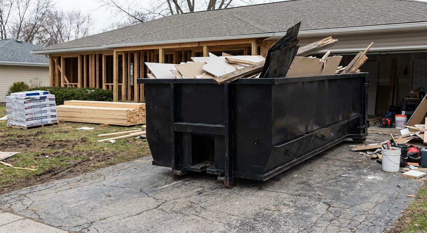A matte-black 20-yard roll-off dumpster placed alongside a mid-renovation Scottsdale home directly on the asphalt driveway, with framing materials and torn-off shingles staged neatly nearby.