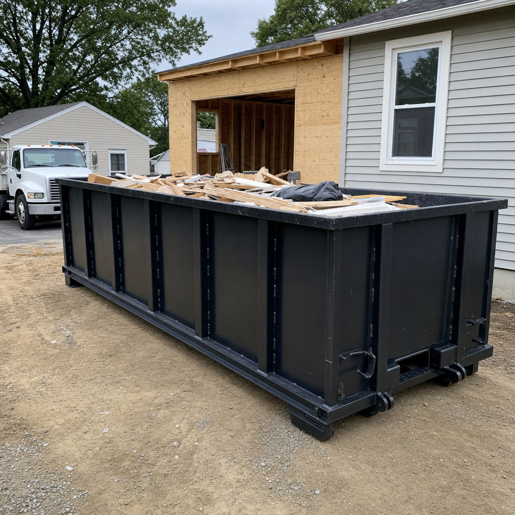 A matte-black 30-yard roll-off dumpster positioned at a Scottsdale residential addition jobsite, with framing lumber and drywall scraps loaded through the open swinging rear doors.