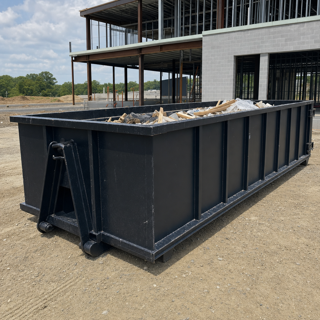 A matte-black 40-yard roll-off dumpster staged on a large Scottsdale commercial construction lot, with a hooklift delivery truck parked alongside under bright midday sky.