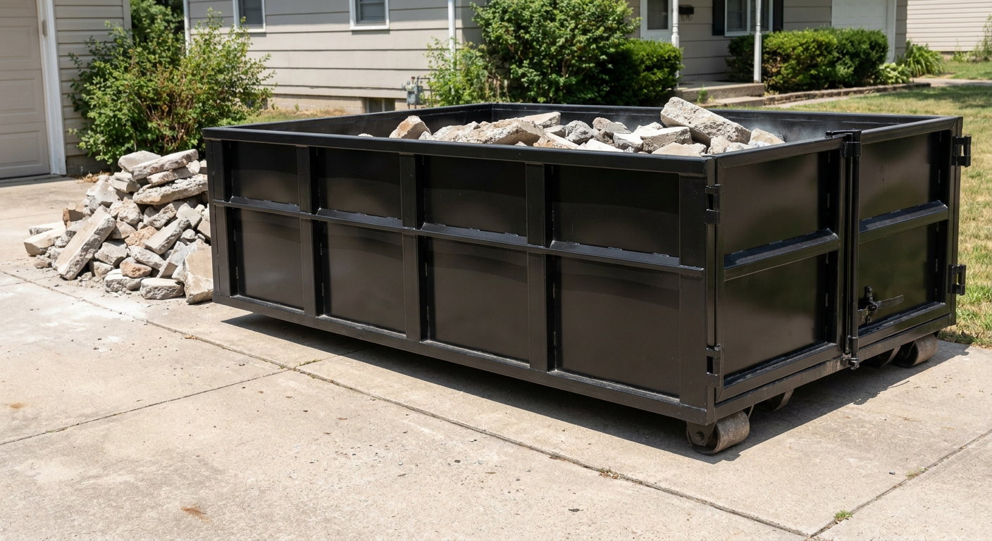 A matte-black low-side heavy-debris roll-off dumpster placed directly on a Scottsdale concrete driveway, with broken concrete chunks neatly stacked beside it under clean daylight.